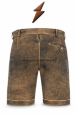 NGL Men’s Leather Lederhosen in distressed brown with green embroidery and a branded buckle
