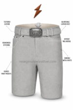 NGL men’s leather shorts in light grey with curved pockets and a branded buckle