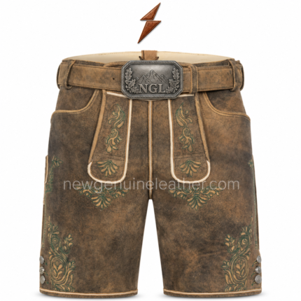 NGL Men’s Leather Lederhosen with a dark-brown belt and antique-silver branded buckle
