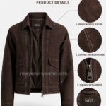 NGL men’s suede jackets wholesale in chocolate brown with open metal zipper, contrast stitching and branded collar label