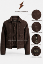 NGL men’s suede jackets wholesale in chocolate brown with open metal zipper, contrast stitching and branded collar label
