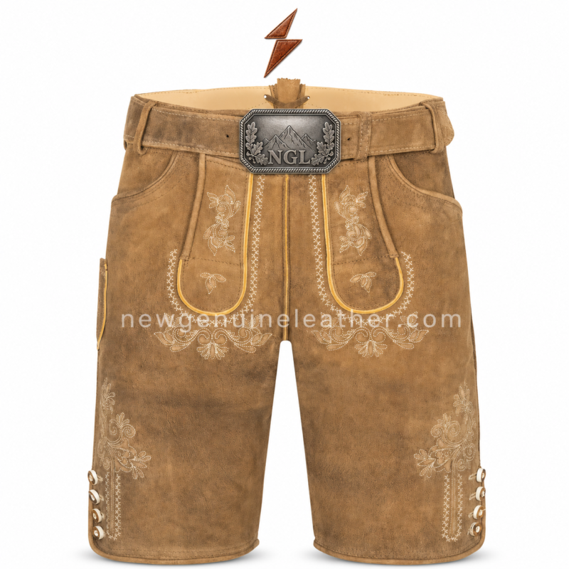 Men’s Traditional Lederhosen NEW GENUINE LEATHER tan lederhosen rear view with stitched waistband and back pocket