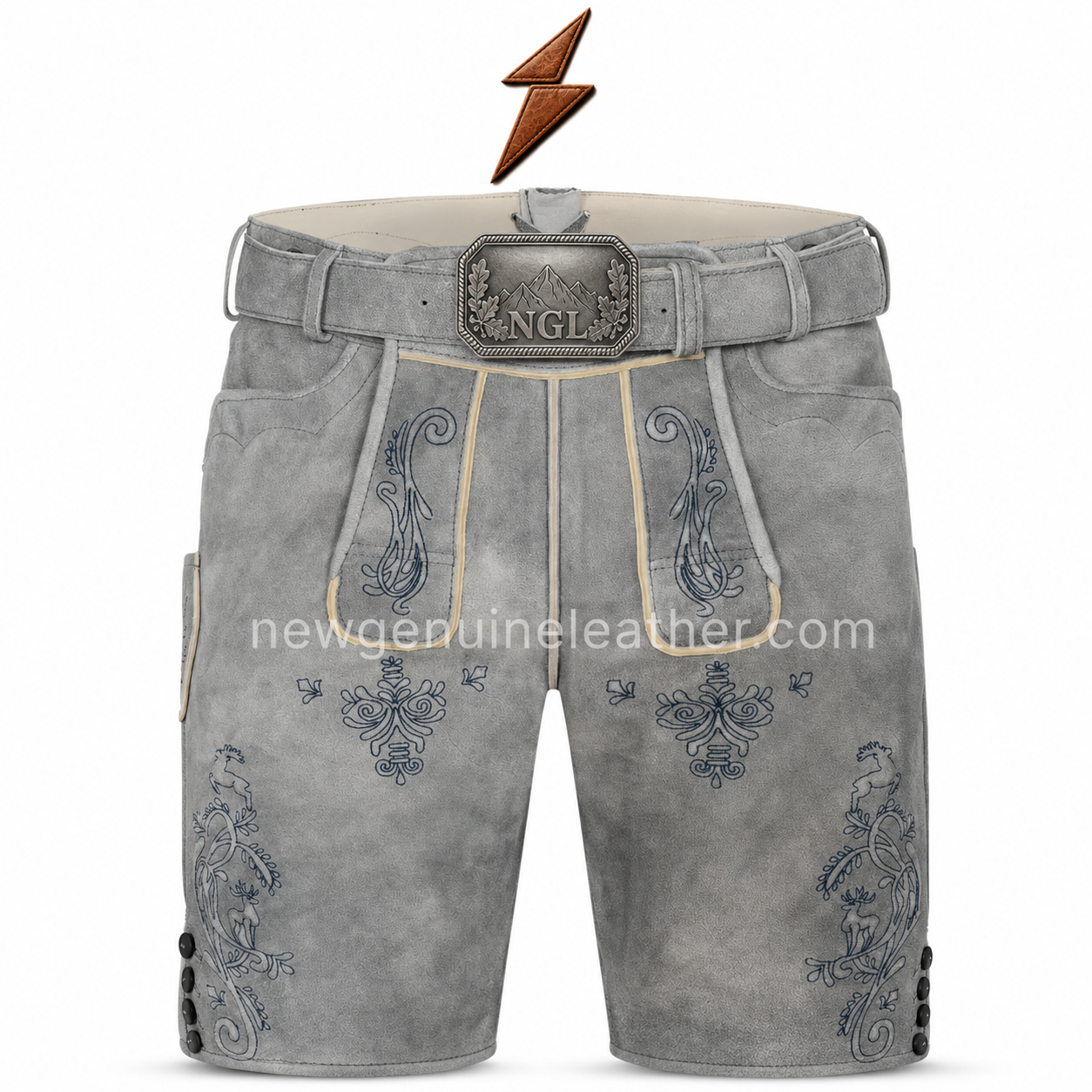 ngl-oktoberfest-lederhosen-grey-front-view NGL Oktoberfest Lederhosen featuring a brown belt and traditional metal buckle