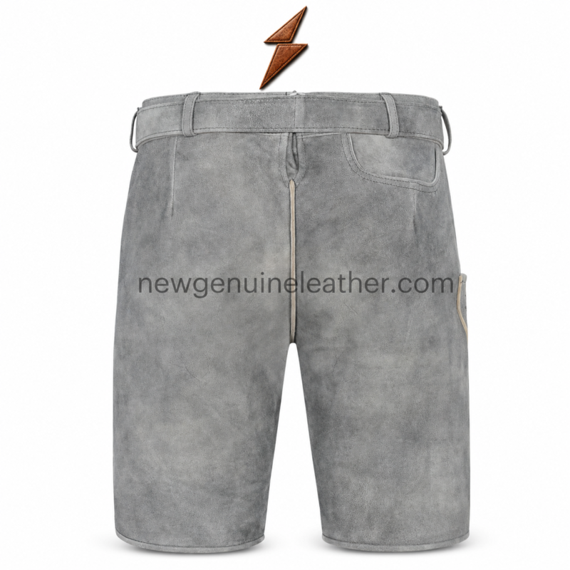 NGL Oktoberfest Lederhosen in grey leather with front embroidery and brown belt