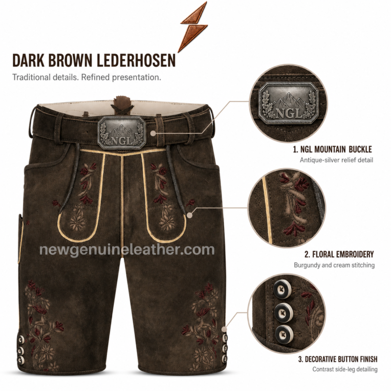 NGL Oktoberfest Lederhosen for Men in dark brown with burgundy floral embroidery