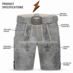 NEW GENUINE LEATHER Oktoberfest Lederhosen with light floral front embroidery