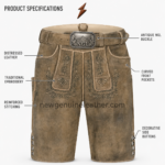 NGL Oktoberfest shorts in distressed taupe leather with dark embroidery and branded buckle