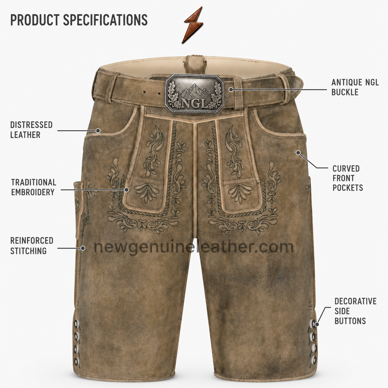 ngl-oktoberfest-shorts-taupe-front NGL Oktoberfest shorts in distressed taupe leather with dark embroidery and branded buckle