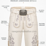 NGL premium lederhosen in ivory leather with grey embroidery and rectangular metal buckle