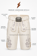 NGL premium lederhosen in ivory leather with grey embroidery and rectangular metal buckle