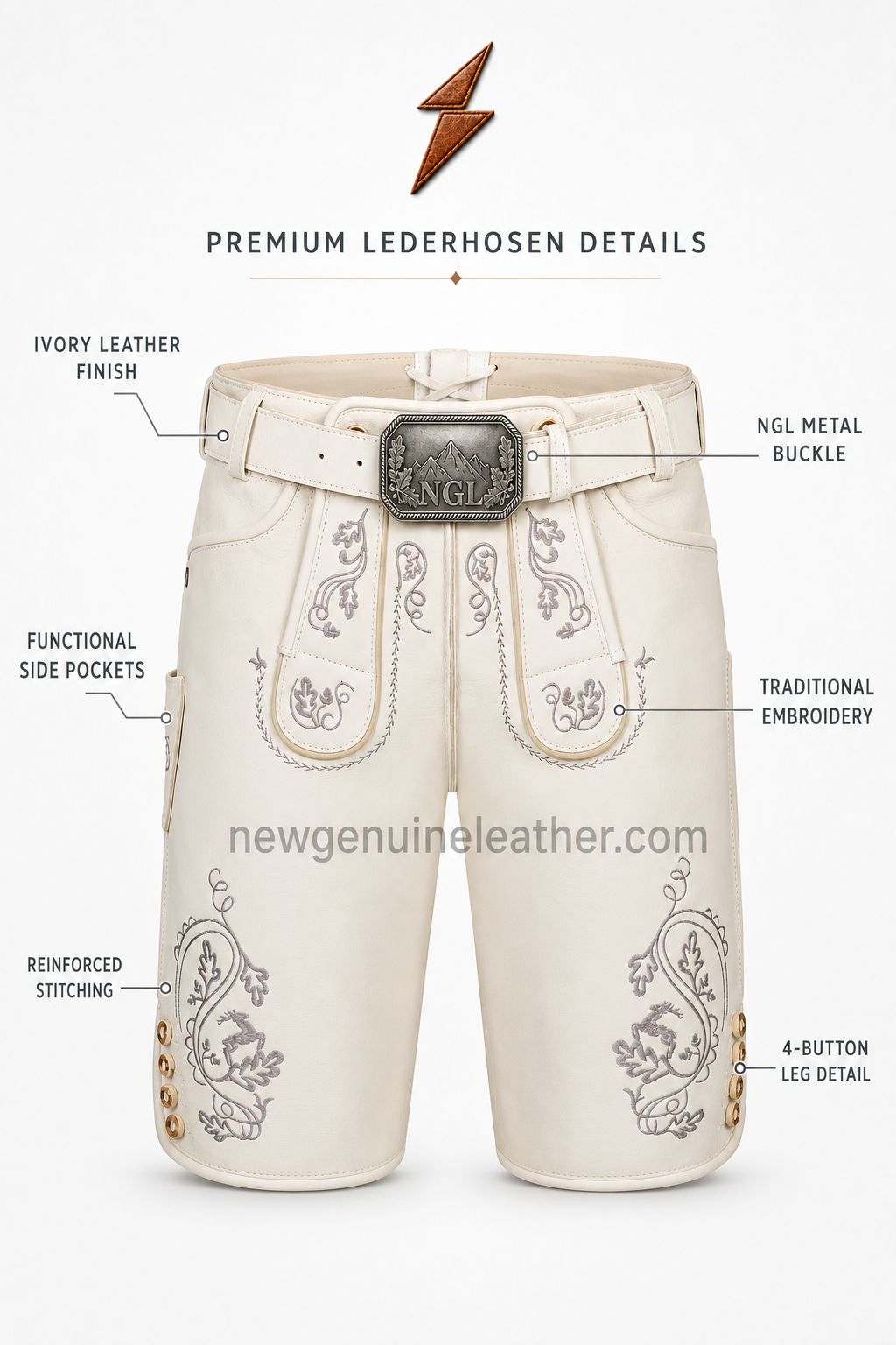 ngl-premium-lederhosen-wholesale-oem NGL premium lederhosen in ivory leather with grey embroidery and rectangular metal buckle