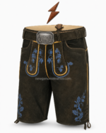 NGL split leather lederhosen with dark belt and antique-silver mountain buckle