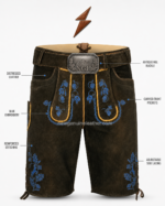 NGL split leather lederhosen in dark brown with blue deer embroidery and golden piping