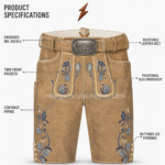 NGL Traditional Bavarian tan lederhosen with blue embroidery and engraved buckle