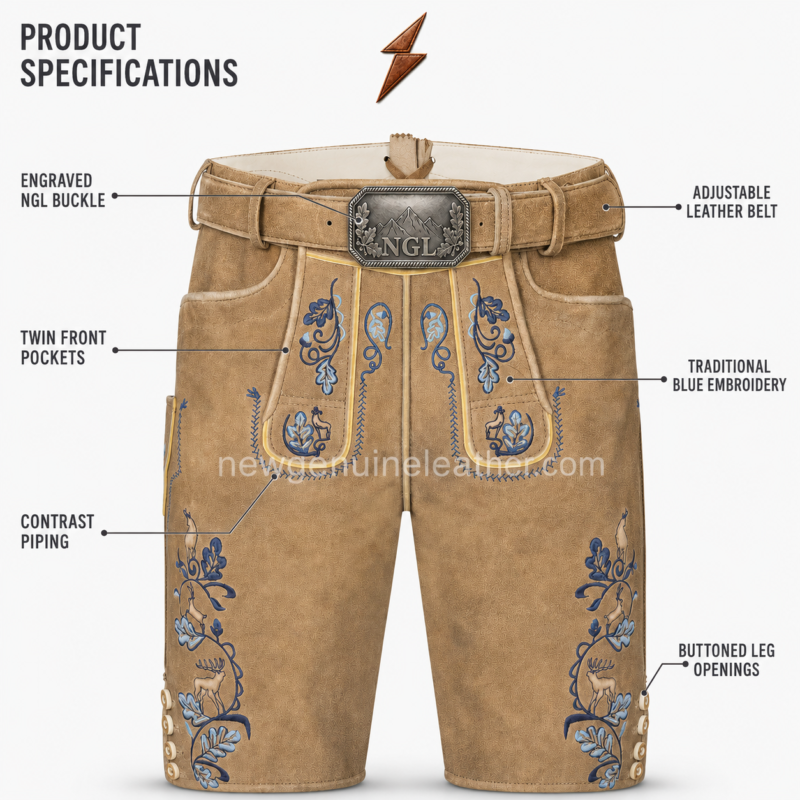 NGL Traditional Bavarian tan lederhosen with blue embroidery and engraved buckle