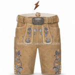 NGL Traditional Bavarian lederhosen with adjustable tan belt and engraved metal buckle
