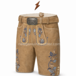 NGL Traditional Bavarian tan lederhosen with detailed blue deer and floral embroidery