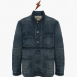 NEW GENUINE LEATHER indigo denim jacket with buttoned chest pocket and contrast seams