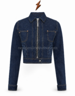 Private-label denim jackets half-zip pose with NGL collar label by New Genuine Leather