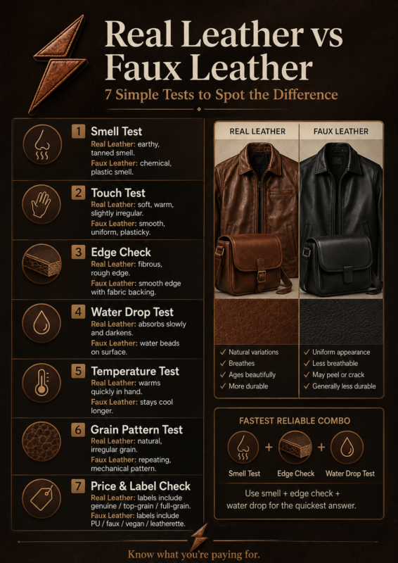 Real leather vs faux leather infographic showing 7 simple tests to identify genuine and synthetic leather.