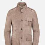 Suede jacket men back view with clean yoke seam and tailored panel construction