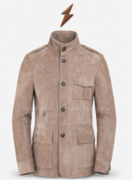 Suede jacket men back view with clean yoke seam and tailored panel construction
