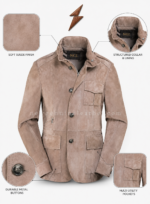 Suede jacket men in taupe beige with NGL collar label and four utility pockets