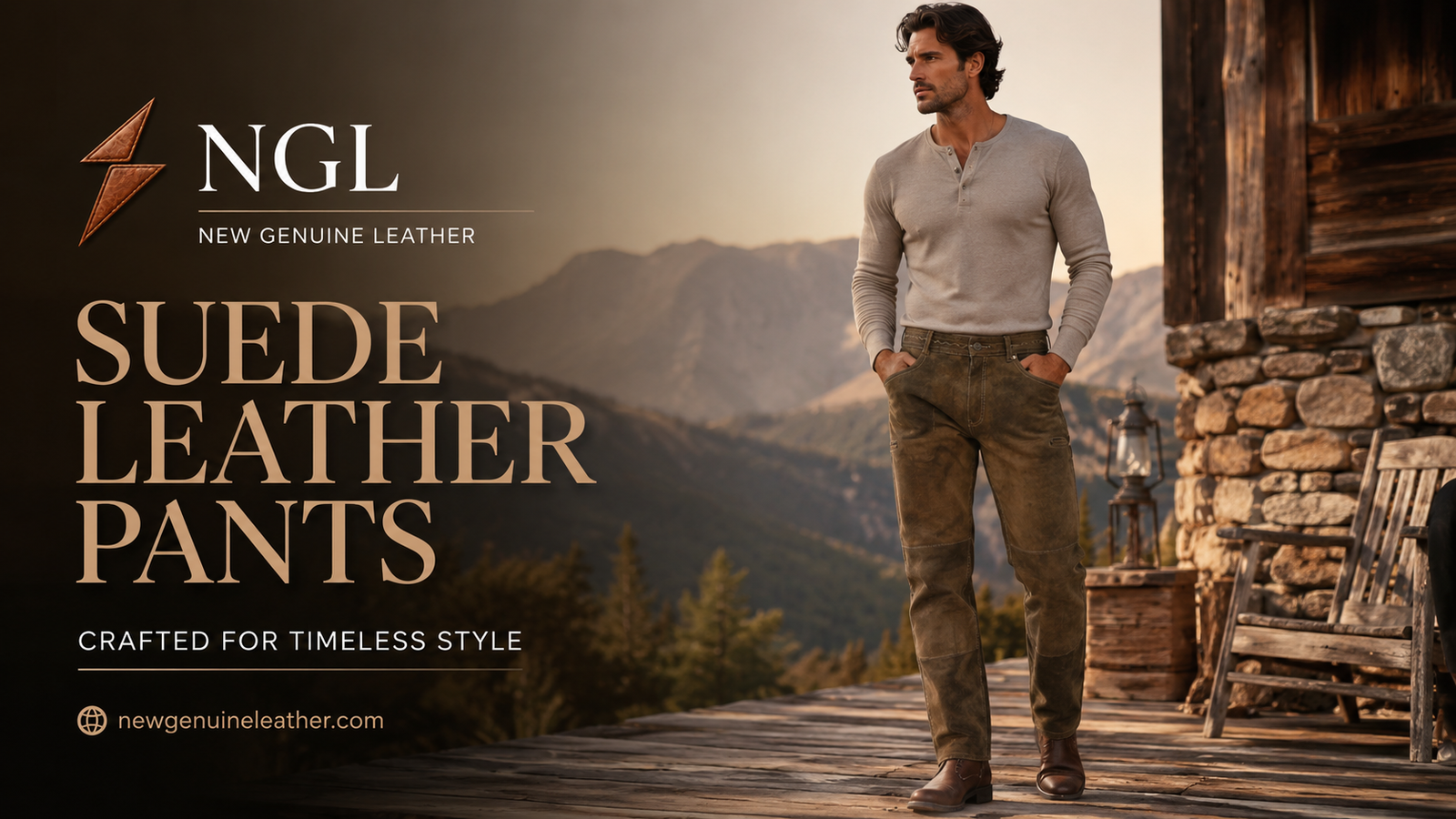 suede leather pants with NGL New Genuine Leather branding Premium suede leather pants by NGL, crafted for wholesale leather fashion buyers and OEM brands