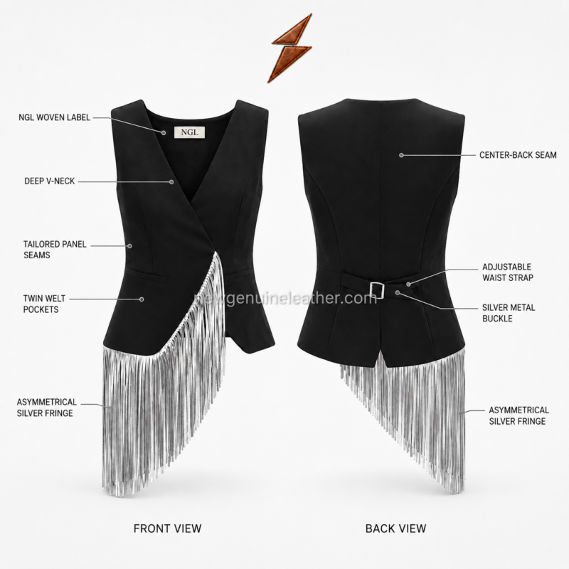 Black Leather Fringe Vest back view with tailored seams, waist strap and silver buckle by NGL