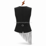 Black Leather Fringe Vest close-up showing a welt pocket, leather grain and tonal panel stitching by NGL