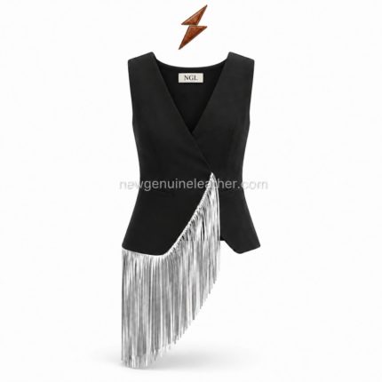 Black Leather Fringe Vest curved hem with long reflective silver tassels and reinforced stitching by NGL