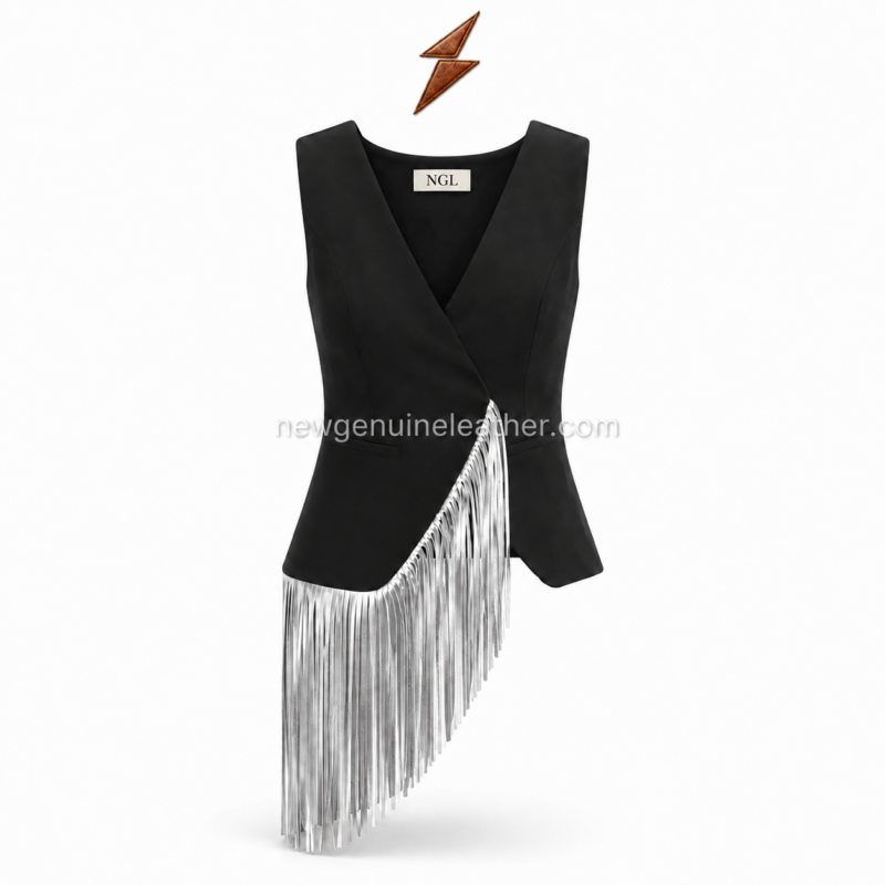 Black Leather Fringe Vest curved hem with long reflective silver tassels and reinforced stitching by NGL