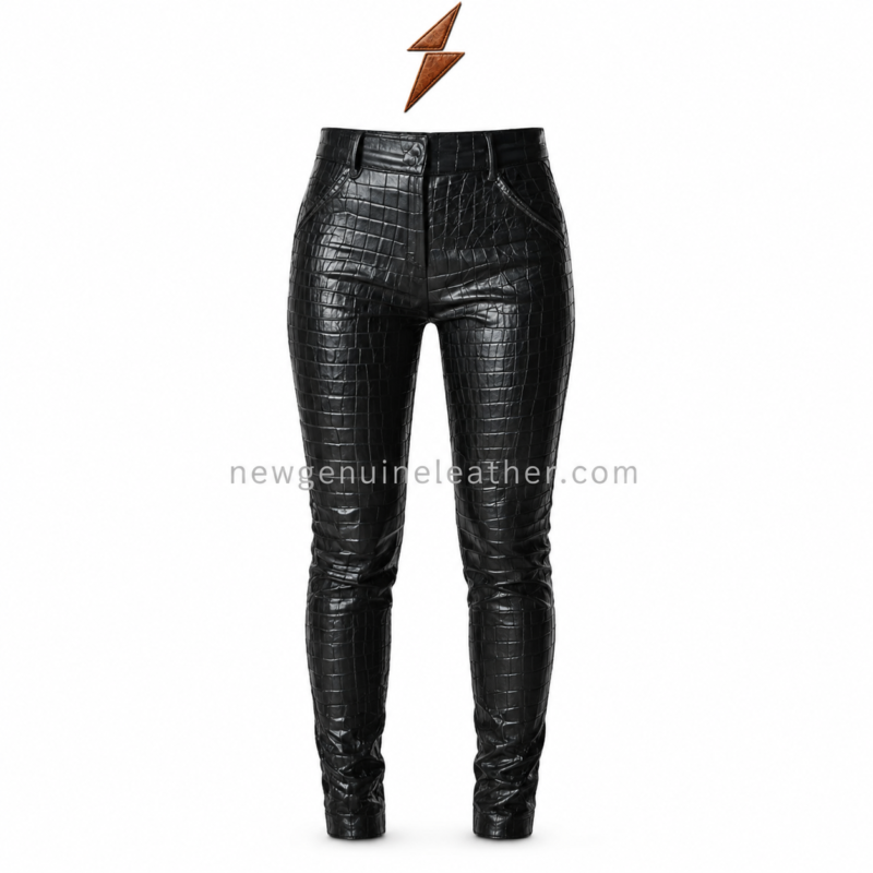 Black Leather Leggings front view with crocodile embossing, high waist and angled pockets by NGL