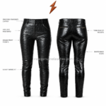 Glossy black leather leggings waistband with belt loops, button closure and angled pockets by NGL
