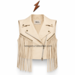 NGL Fringe Leather Vest in cream with brass studs, biker lapels and long tassels
