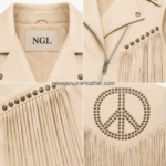 NGL Fringe Leather Vest detail showing long-cut cream tassels and reinforced stitching
