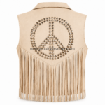NGL Fringe Leather Vest back with studded peace symbol and long cream tassels