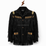 NGL Beaded Fringe Leather Jacket rear view with black suede panels, embroidered shoulder tabs, wooden beads, and layered tassels