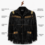 NGL Beaded Fringe Leather Jacket front view with black suede panels, wooden beads, colorful embroidery, and three-button closure