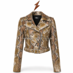 NGL Women’s Leather Biker Jacket front view with brown snakeskin pattern, asymmetrical zipper and waist belt