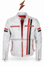 NGL leather biker jackets shown open with distressed charcoal panels, striped sleeves, and visible collar branding