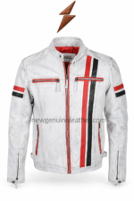 NGL leather biker jackets front view in distressed charcoal with rust and tan sleeve stripes and four zipper pockets