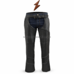 NEW GENUINE LEATHER Black Leather Chaps rear view with denim pockets, ribbed waistband, leather panels and wide hems