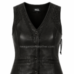 NGL women’s black leather vest close-up showing black braided shoulder construction