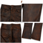 NGL distressed leather pants in dark brown with five-pocket waist, stitched knees, and flared legs