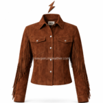 New Genuine Leather Brown Suede Fringe Jacket back view with fringed Western yoke and stitched panels