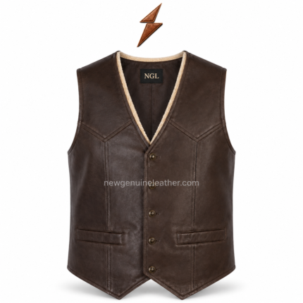 NGL Brown Leather Vest front view showing the rich brown finish, sleeveless cut, clean panel design, and centered front presentation.