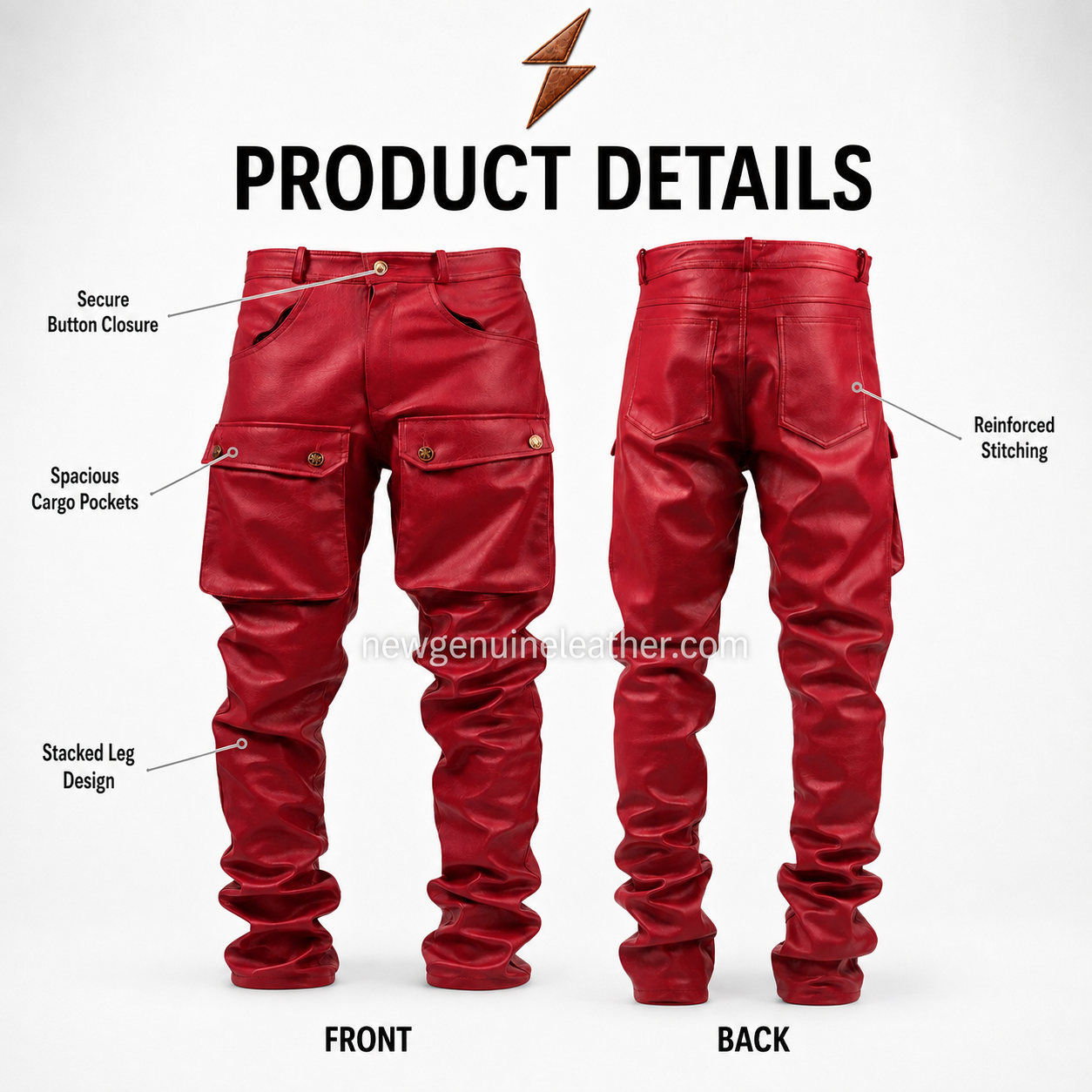 new-genuine-leather-cargo-pants-red-rear-view NEW GENUINE LEATHER Genuine Leather Cargo Pants rear view with angular pockets and red stitching