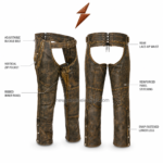 NEW GENUINE LEATHER leather chaps Wholesale rear view with brown panels, lace-up waistband, eyelets and snap-fastened legs