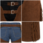 NEW GENUINE LEATHER Cowboy Chaps with blue denim rear pockets, metal rings and brown waist panels
